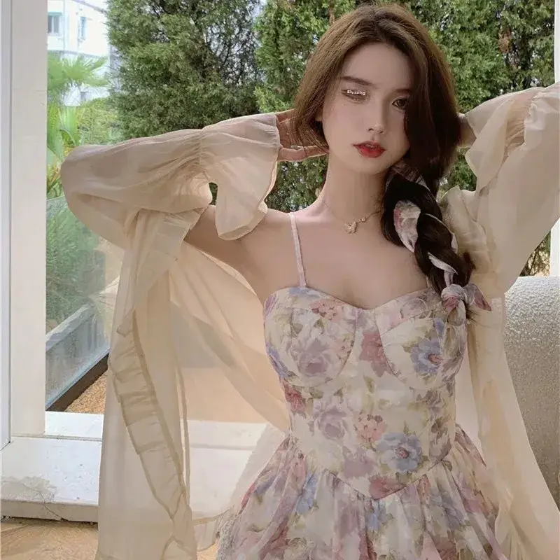 Plus Size Floral Strap Dress Spring Summer Waist Tight Sun Protection Two Piece Suit