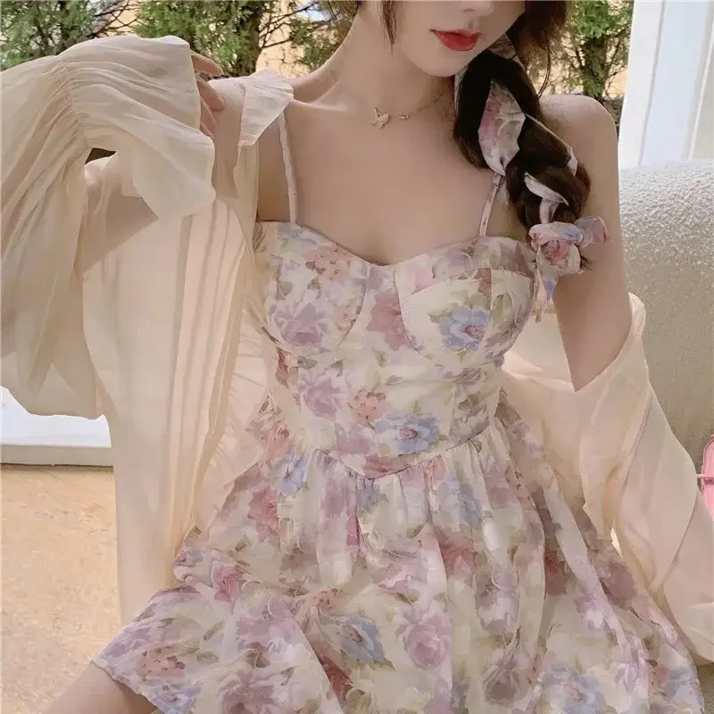 Plus Size Floral Strap Dress Spring Summer Waist Tight Sun Protection Two Piece Suit