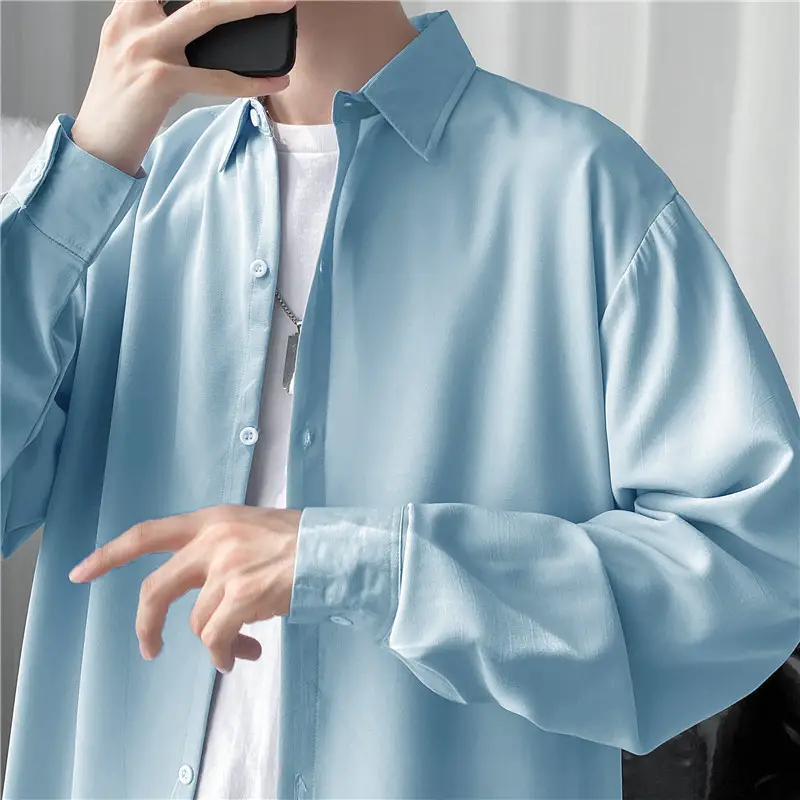 Men's Long Shirt Candy Color Loose Fit Spring Autumn - Image 11