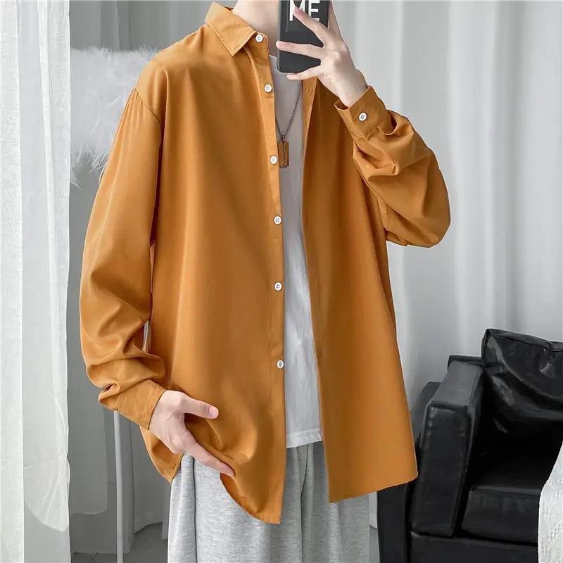 Men's Long Shirt Candy Color Loose Fit Spring Autumn — feature 10