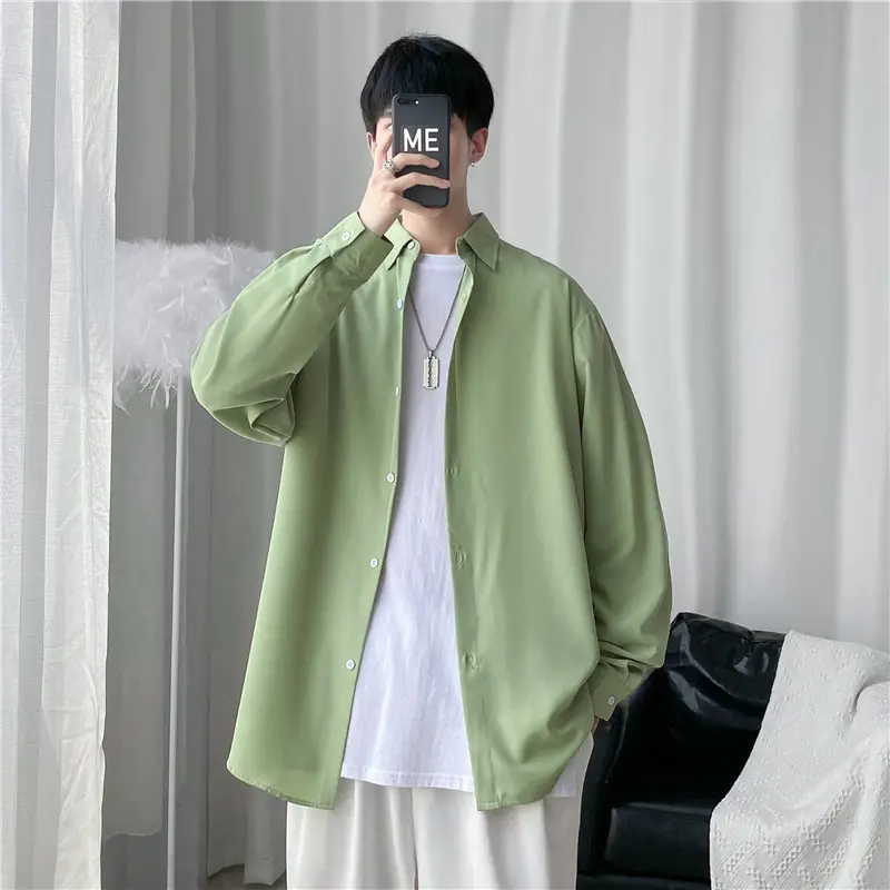 Men's Long Shirt Candy Color Loose Fit Spring Autumn — feature 13