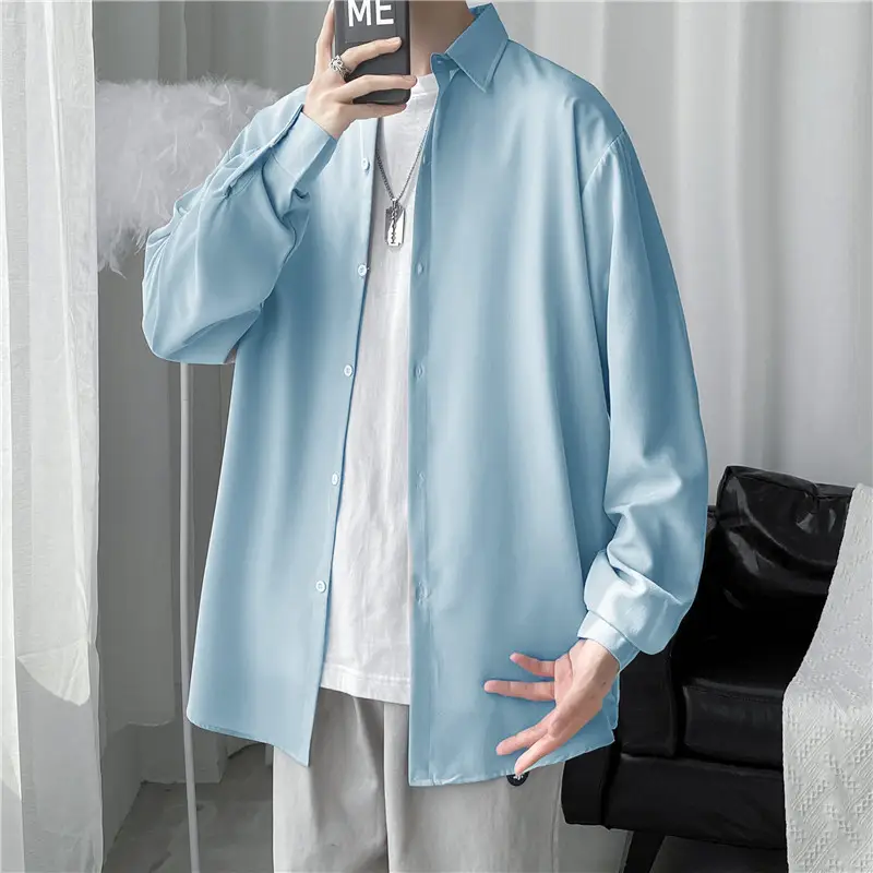 Men's Long Shirt Candy Color Loose Fit Spring Autumn — feature 17