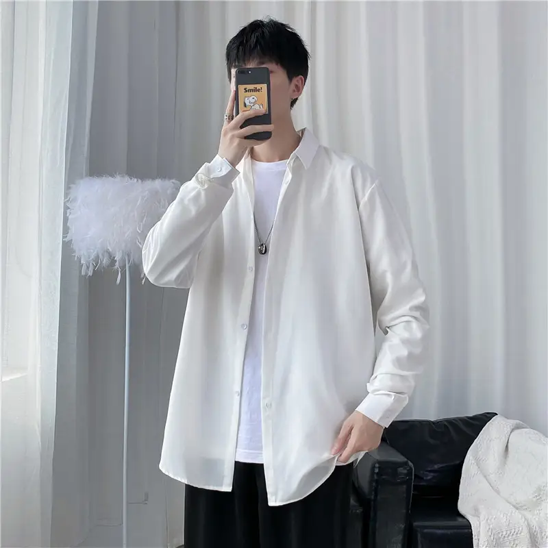 Men's Long Shirt Candy Color Loose Fit Spring Autumn — feature 4