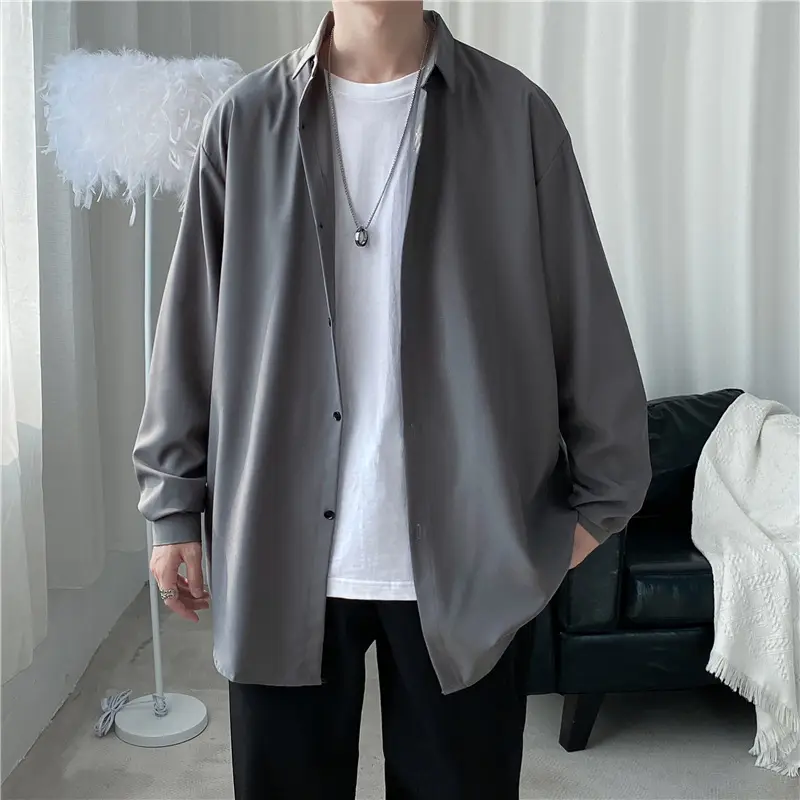 Men's Long Shirt Candy Color Loose Fit Spring Autumn — feature 7