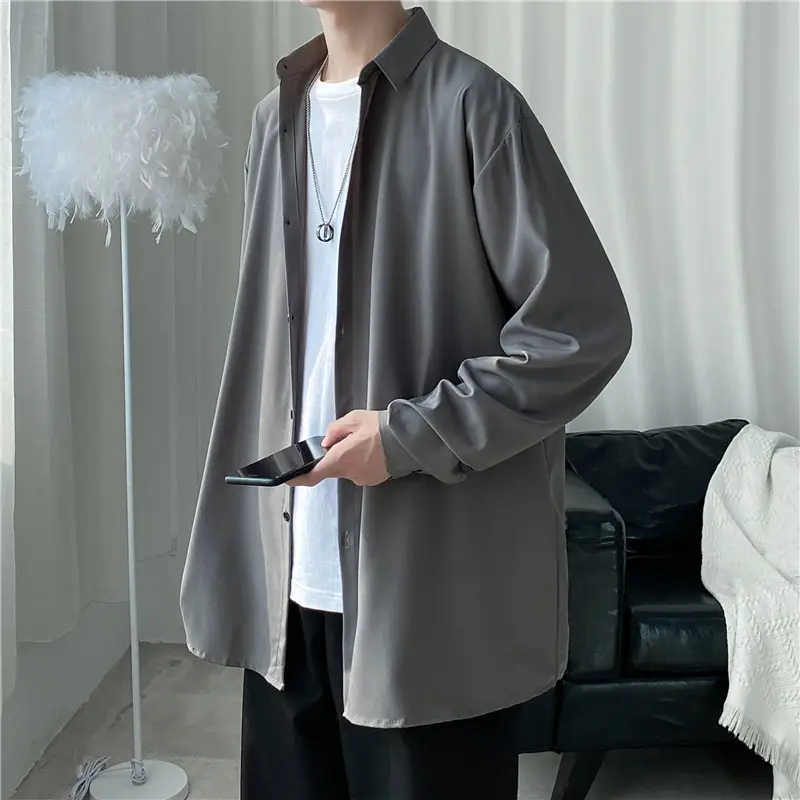 Men's Long Shirt Candy Color Loose Fit Spring Autumn — feature 8