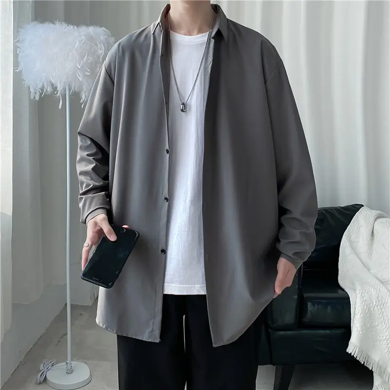 Men's Long Shirt Candy Color Loose Fit Spring Autumn - Image 3