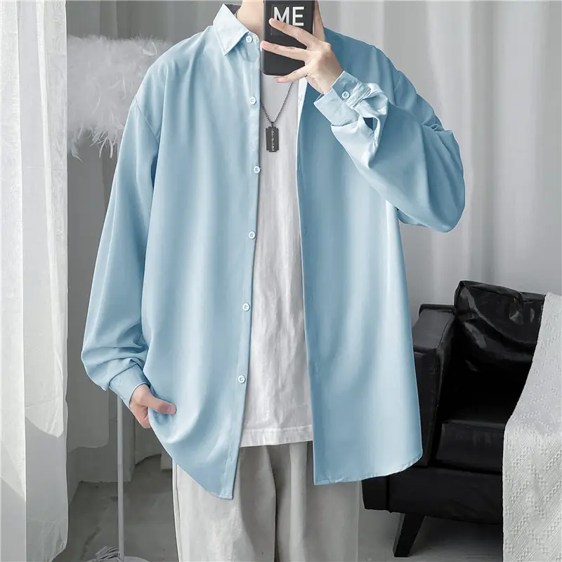 Men's Long Shirt Candy Color Loose Fit Spring Autumn - Image 7