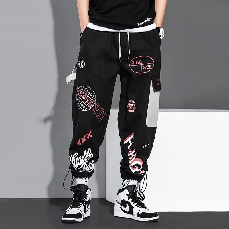 Men Korean Style Cartoon Print Pants Black White - Image 4