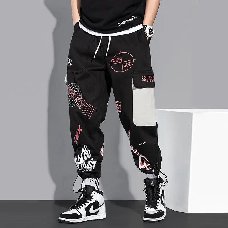 Men Korean Style Cartoon Print Pants Black White - Image 5