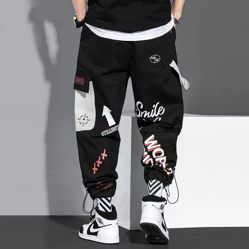 Men Korean Style Cartoon Print Pants Black White - Image 6