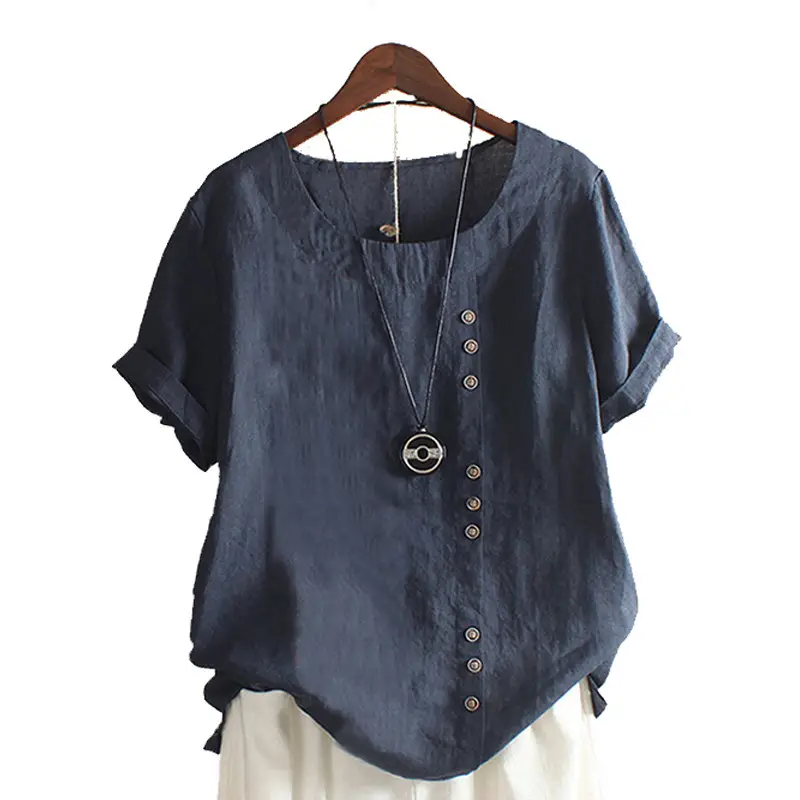 Vintage Cotton Linen T-Shirt Women Casual Loose Fit Button Front - Image 3