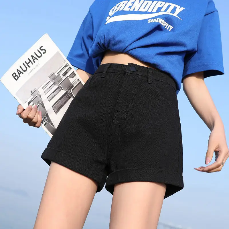 Black Denim Wide Leg High Waist Shorts 2022 - Image 3