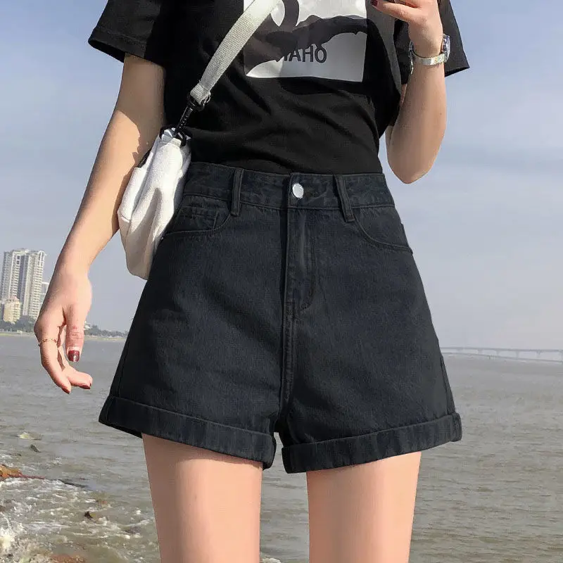 Black Denim Wide Leg High Waist Shorts 2022 - Image 2