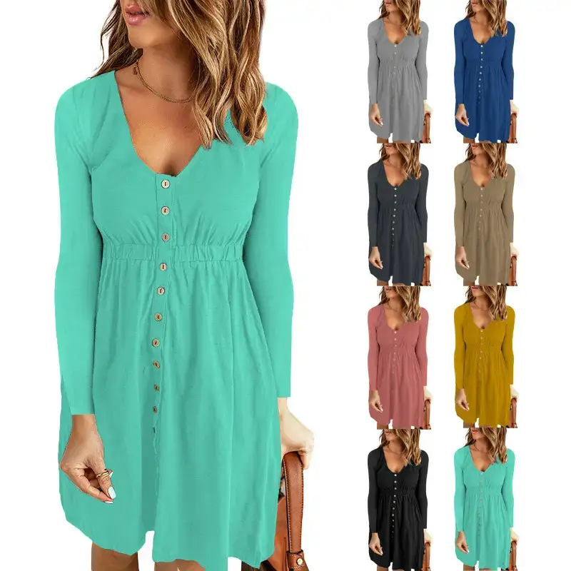 2026 V-Neck Midi Dress Solid Yellow Long Sleeve - Image 26
