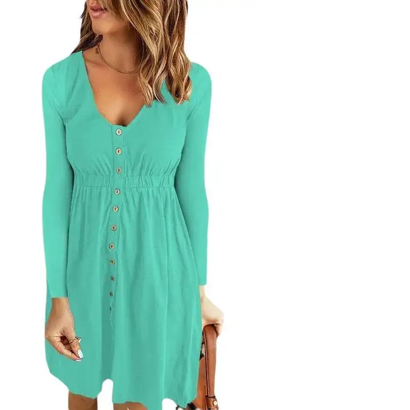 2026 V-Neck Midi Dress Solid Yellow Long Sleeve - Image 30