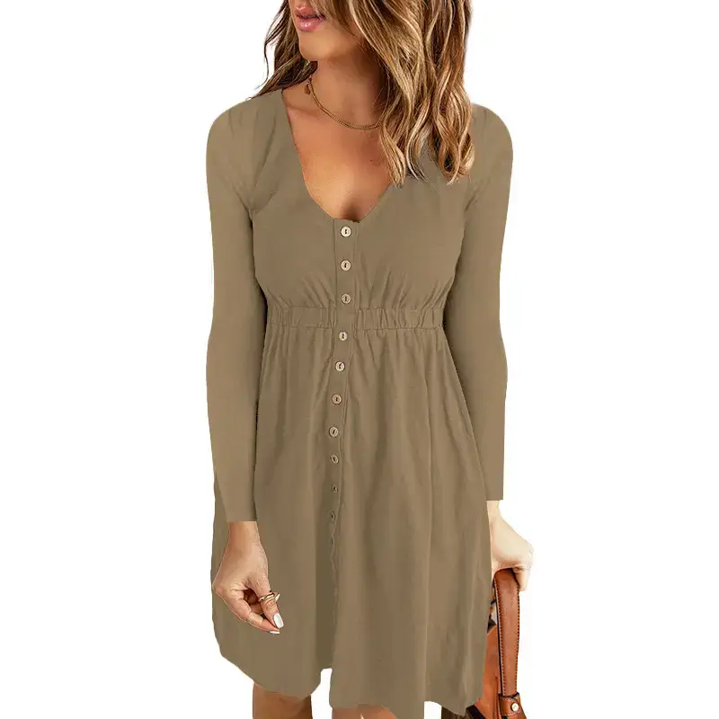 2026 V-Neck Midi Dress Solid Yellow Long Sleeve — feature 10