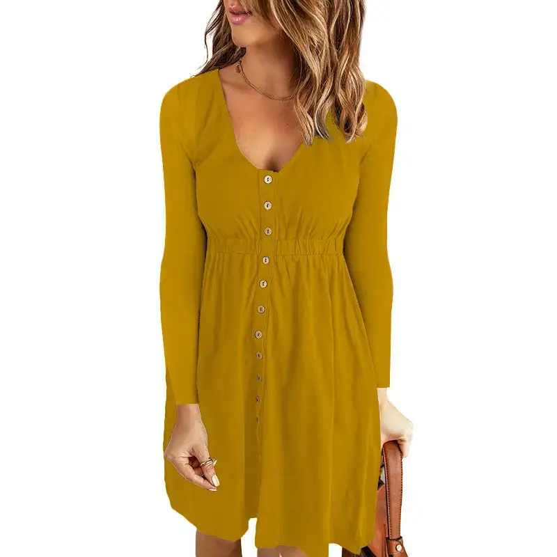 2026 V-Neck Midi Dress Solid Yellow Long Sleeve — feature 11