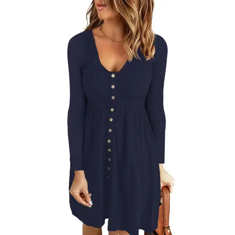 2026 V-Neck Midi Dress Solid Yellow Long Sleeve — feature 13