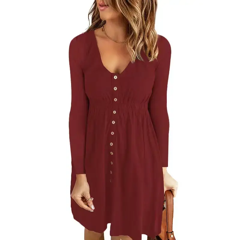 2026 V-Neck Midi Dress Solid Yellow Long Sleeve — feature 14