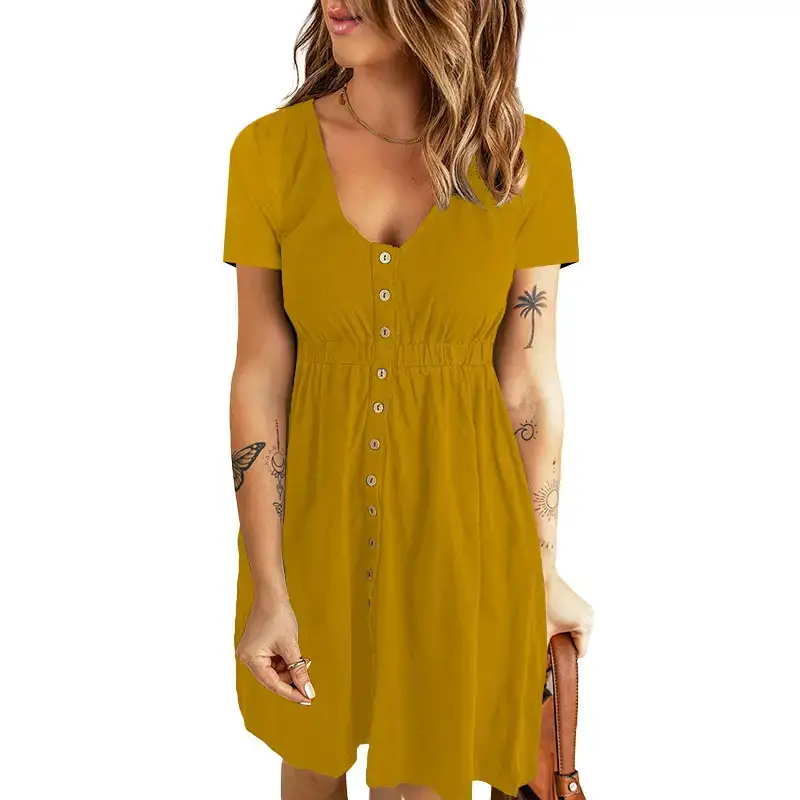 2026 V-Neck Midi Dress Solid Yellow Long Sleeve — feature 32