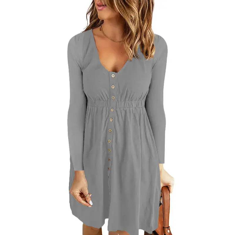 2026 V-Neck Midi Dress Solid Yellow Long Sleeve — feature 6