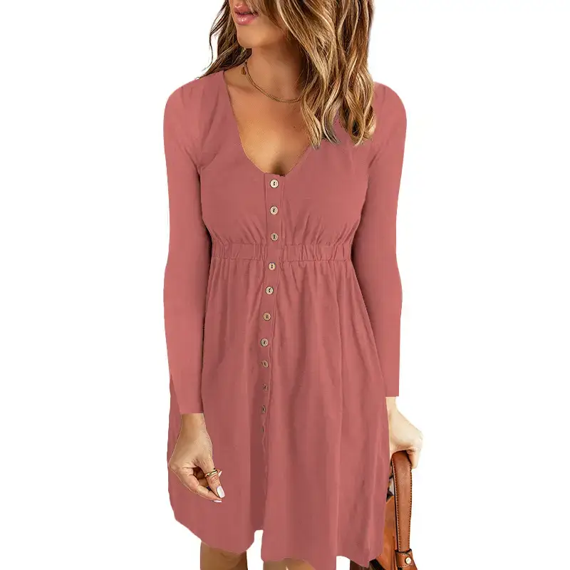 2026 V-Neck Midi Dress Solid Yellow Long Sleeve — feature 8