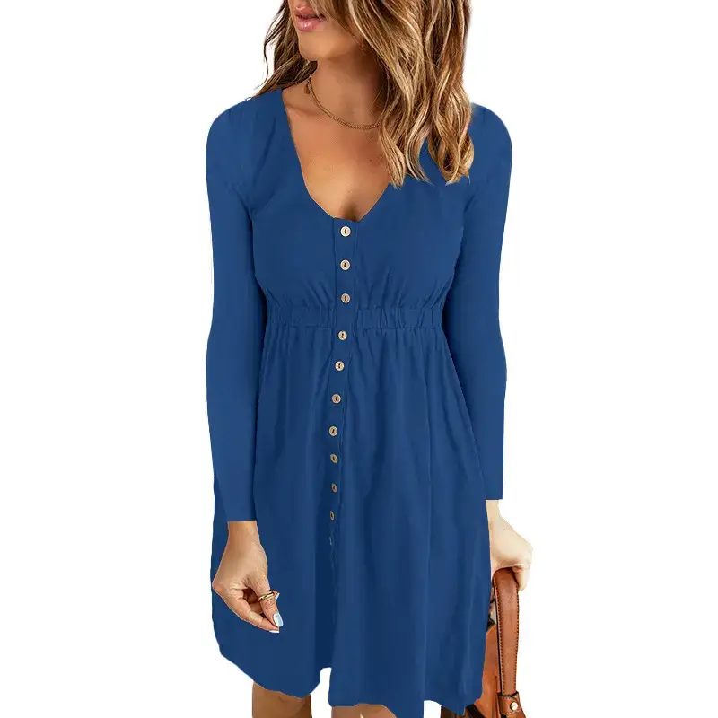 2026 V-Neck Midi Dress Solid Yellow Long Sleeve — feature 9