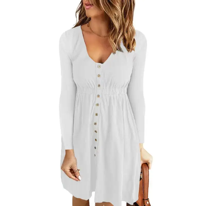 2026 V-Neck Midi Dress Solid Yellow Long Sleeve - Image 10