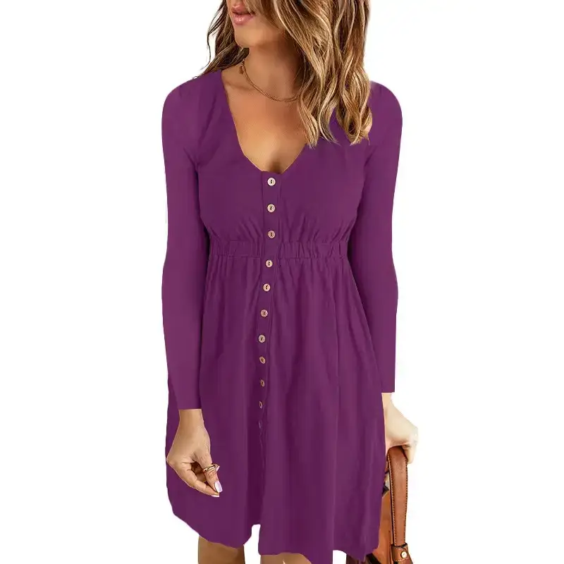 2026 V-Neck Midi Dress Solid Yellow Long Sleeve - Image 11