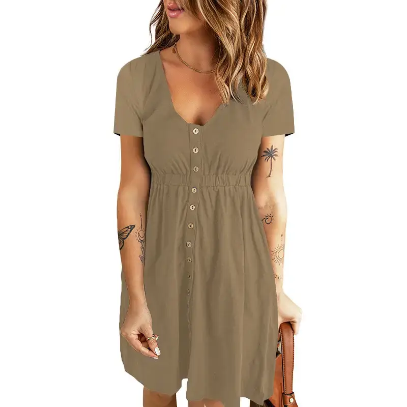 2026 V-Neck Midi Dress Solid Yellow Long Sleeve - Image 14