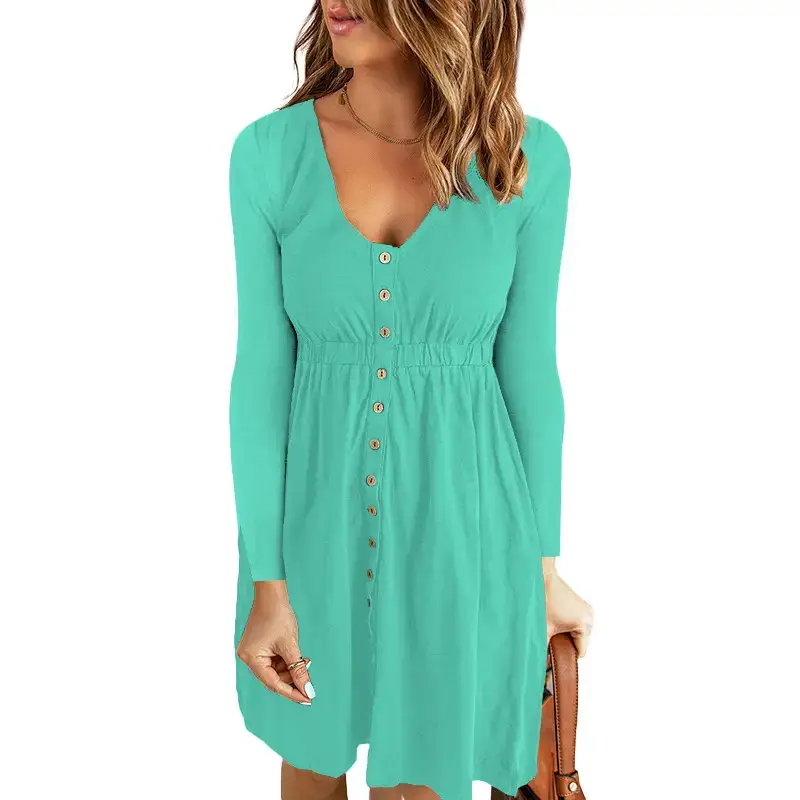 2026 V-Neck Midi Dress Solid Yellow Long Sleeve - Image 4