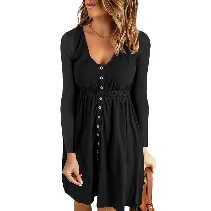 2026 V-Neck Midi Dress Solid Yellow Long Sleeve - Image 5