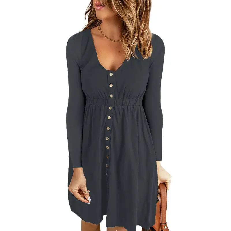 2026 V-Neck Midi Dress Solid Yellow Long Sleeve - Image 6