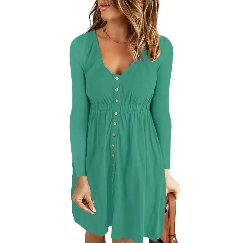 2026 V-Neck Midi Dress Solid Yellow Long Sleeve - Image 9