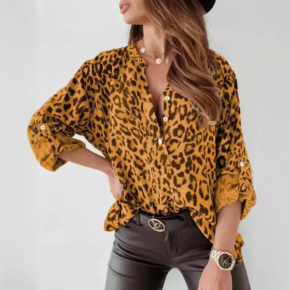 Women Leopard Print Long Sleeve Shirt - Image 5