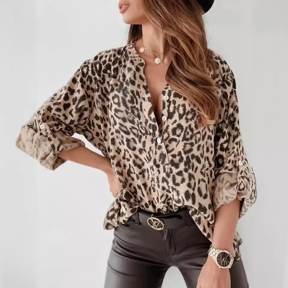 Women Leopard Print Long Sleeve Shirt - Image 6