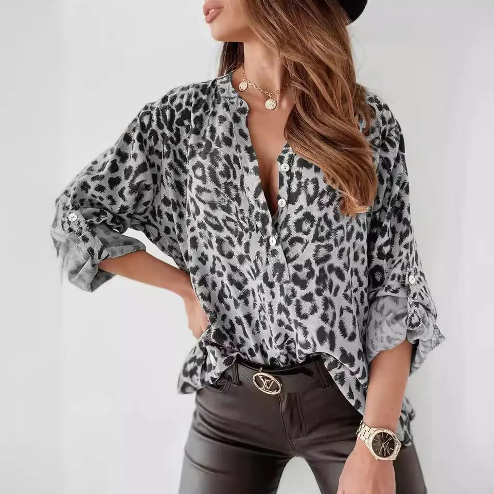 Women Leopard Print Long Sleeve Shirt - Image 7
