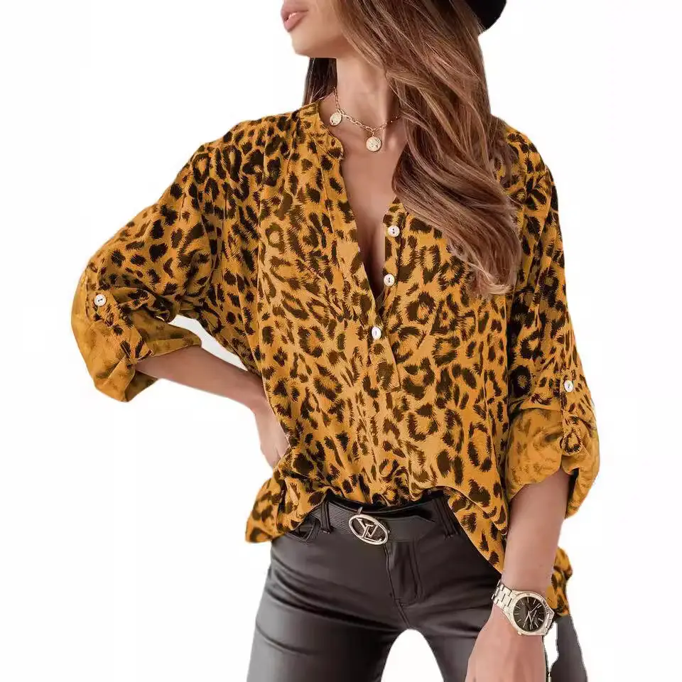 Women Leopard Print Long Sleeve Shirt - Image 8