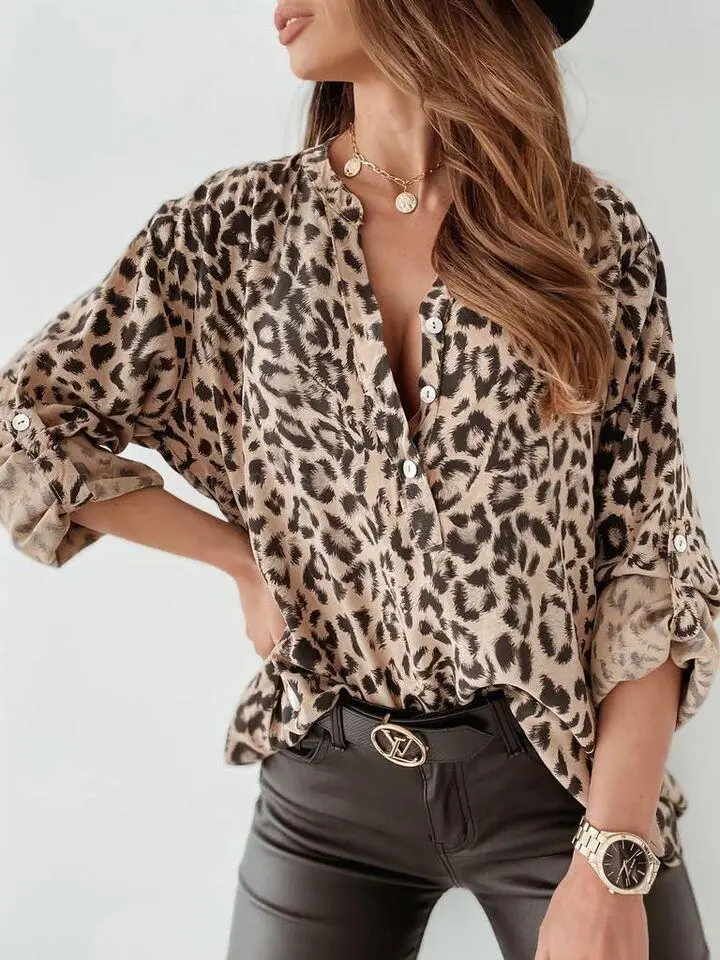 Women Leopard Print Long Sleeve Shirt - Image 3
