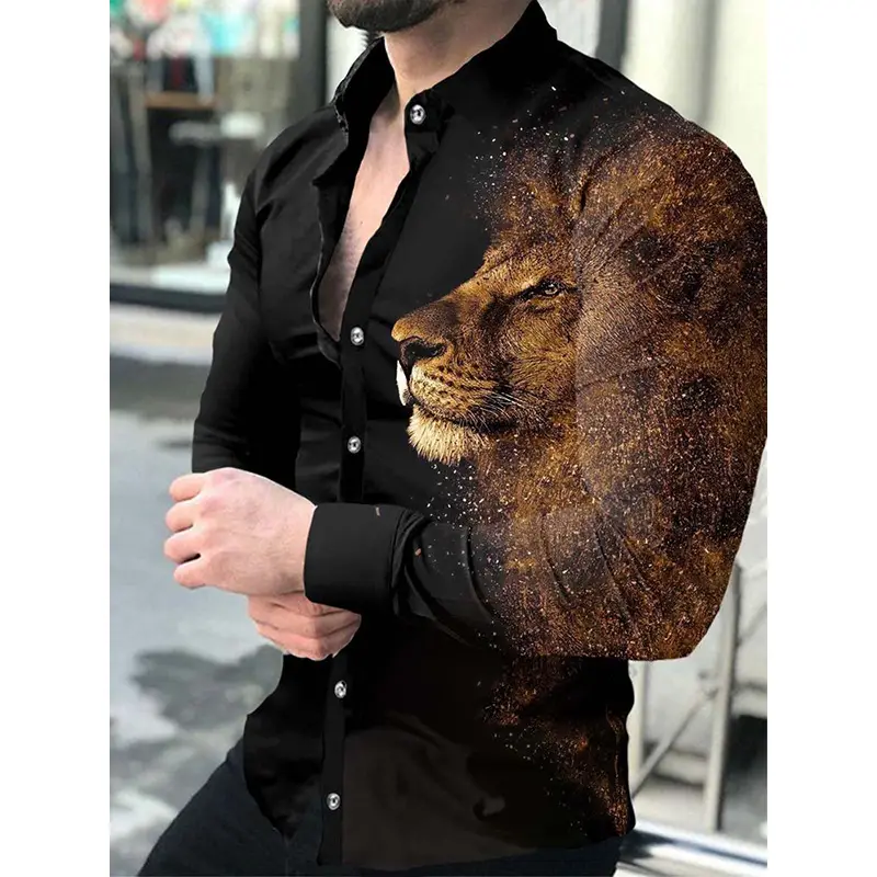 Men 3D Printed Blue Geometric Lapel Shirt Slim Fit Long Sleeve