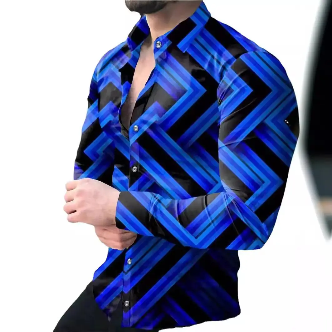 Men 3D Printed Blue Geometric Lapel Shirt Slim Fit Long Sleeve