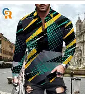 Men 3D Printed Blue Geometric Lapel Shirt Slim Fit Long Sleeve