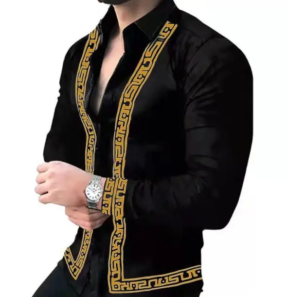 Men 3D Printed Blue Geometric Lapel Shirt Slim Fit Long Sleeve