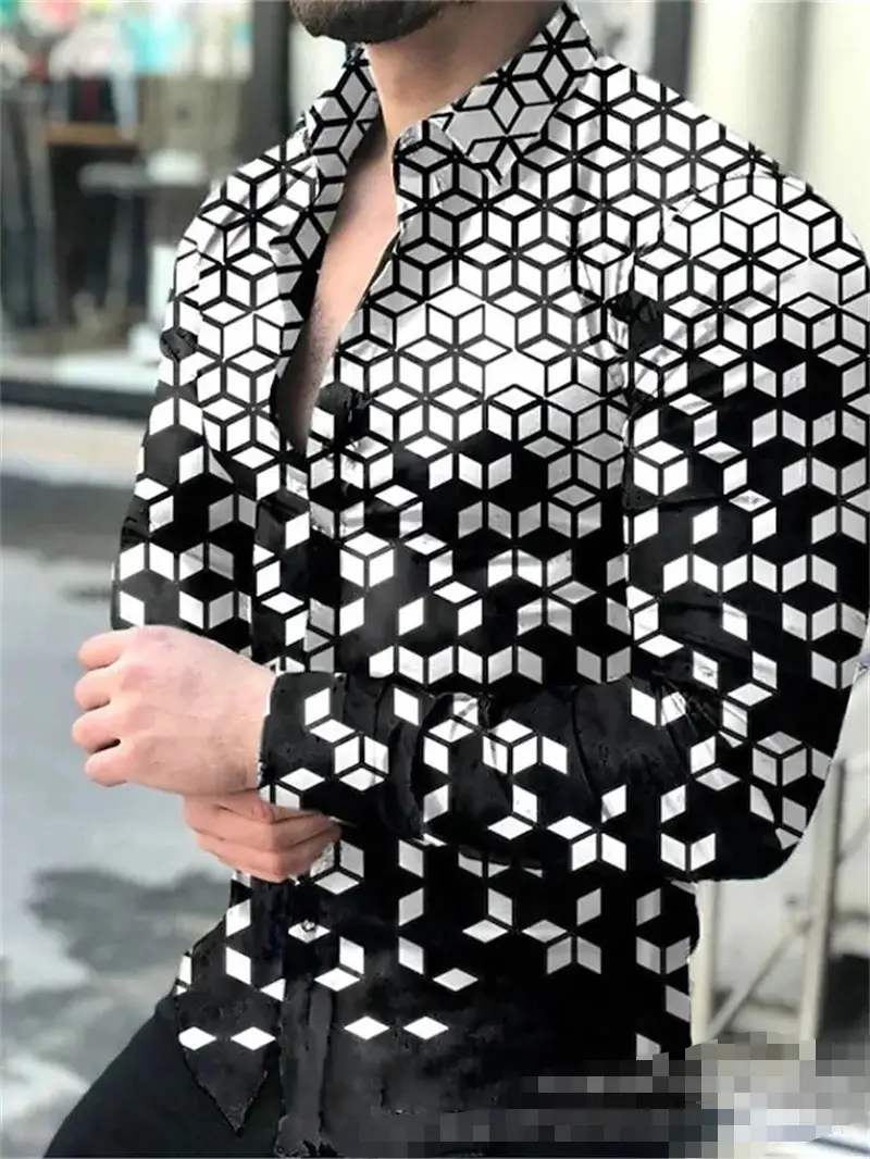 Men 3D Printed Blue Geometric Lapel Shirt Slim Fit Long Sleeve