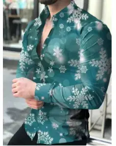 Men 3D Printed Blue Geometric Lapel Shirt Slim Fit Long Sleeve