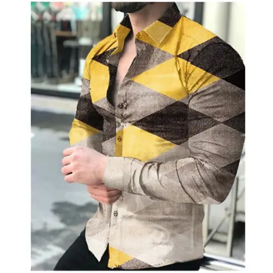 Men 3D Printed Blue Geometric Lapel Shirt Slim Fit Long Sleeve
