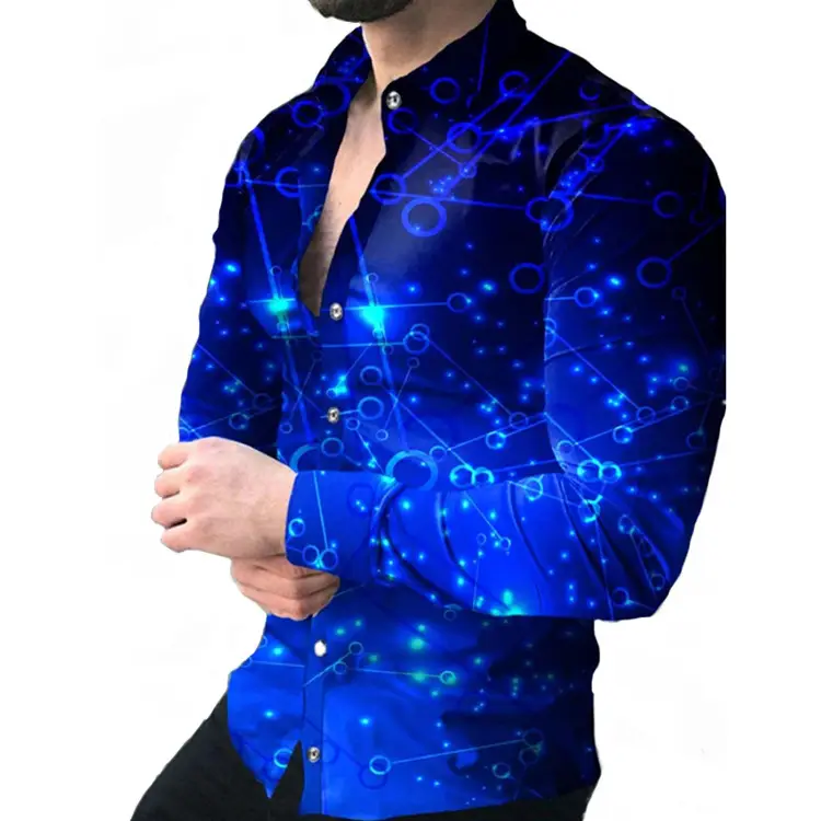 Men 3D Printed Blue Geometric Lapel Shirt Slim Fit Long Sleeve