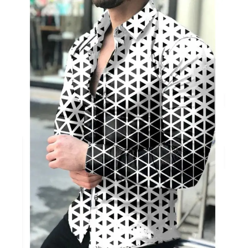 Men 3D Printed Blue Geometric Lapel Shirt Slim Fit Long Sleeve