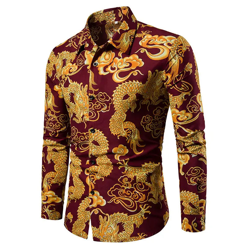 Men 3D Printed Blue Geometric Lapel Shirt Slim Fit Long Sleeve