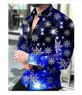 Men 3D Printed Blue Geometric Lapel Shirt Slim Fit Long Sleeve